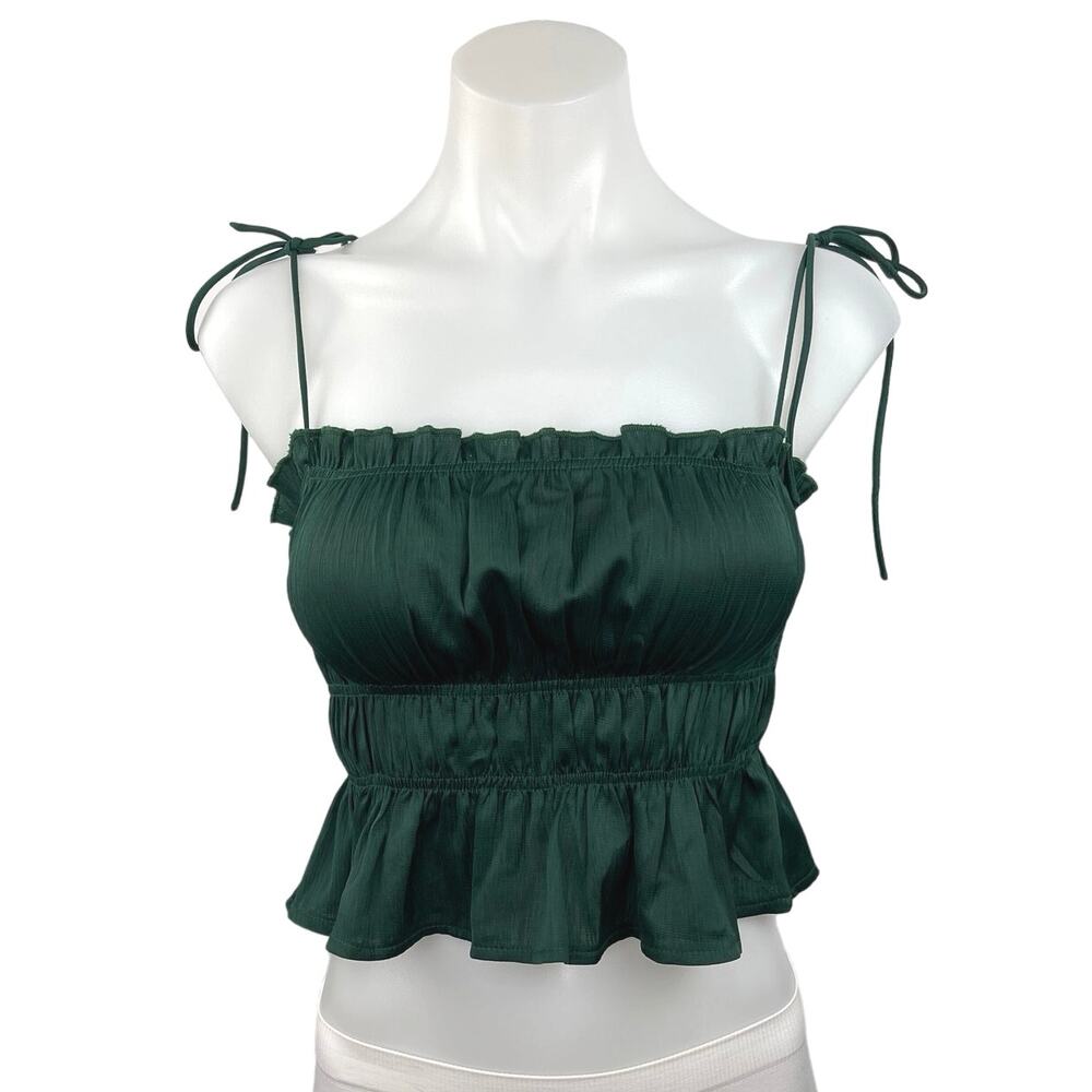 Princess Polly Green Square Neck Ruffle Stretch Tie Sleeve Peplum Crop Top Sz 2